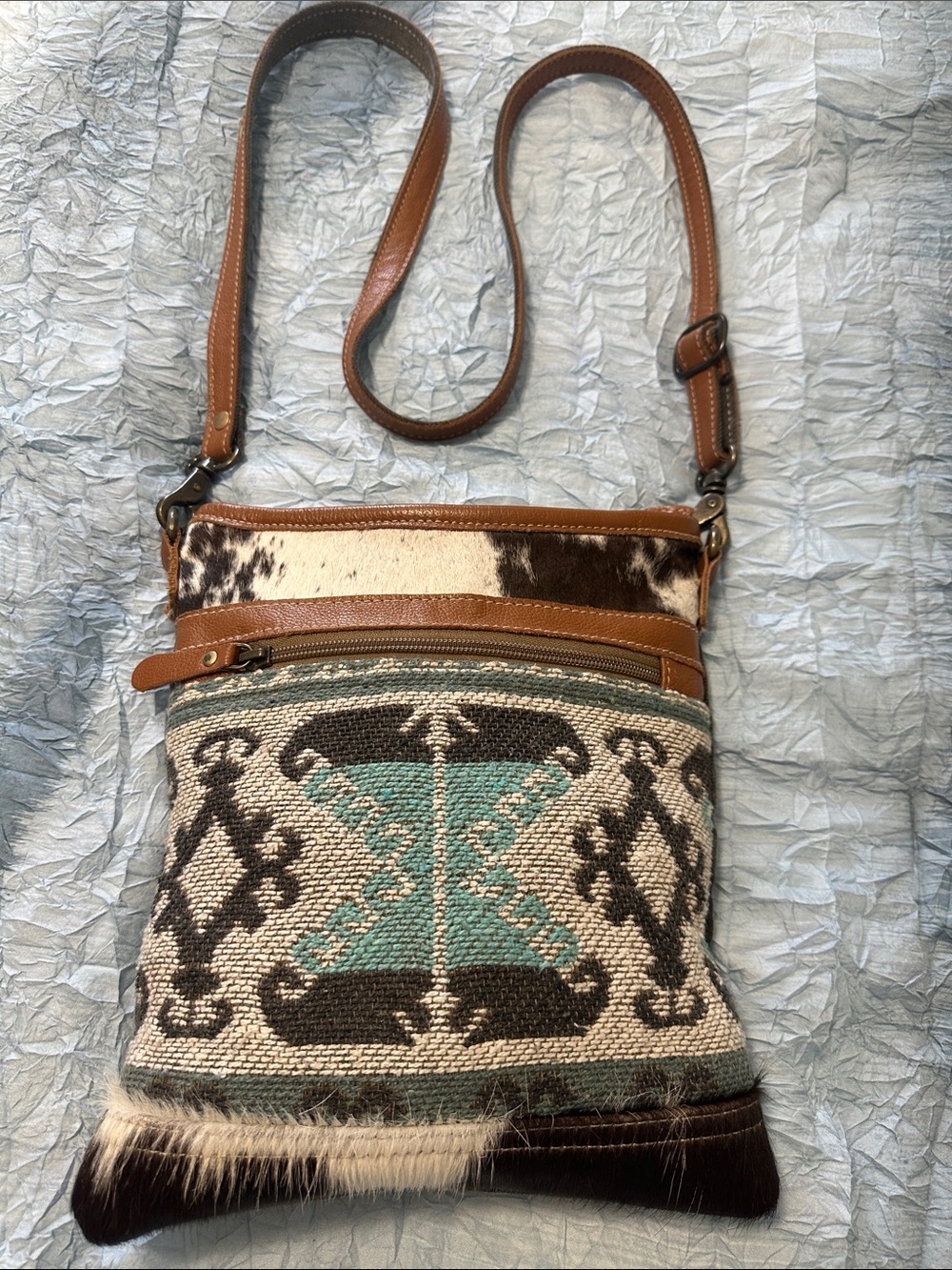 ⭐️165. Myra Bag Brown and Turquoise Woven Crossbody with Leather Trim